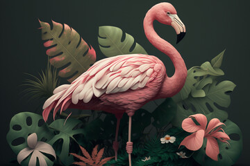 pink flamingo animal surrounded by flowers and trendy leaves, floral abstract fashion background, generative ai illustration