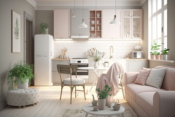 A living room filled with furniture and a kitchen, Generative AI