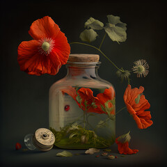 set of medical herbs on a dark light background, generative ai illustration