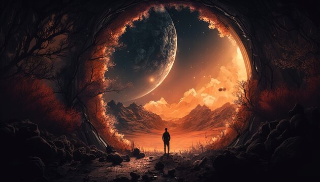 a man walking on wasteland way to galaxy sky horizon, idea for self-challenge, imagination, hope and dream, Generative Ai