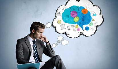 illustration of a businessman thinking to solve problems with a bubble cloud above his head, Generative AI
