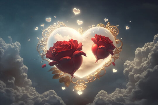 heart and red roses of the clouds - Red hearts love in the sky background - Generative AI