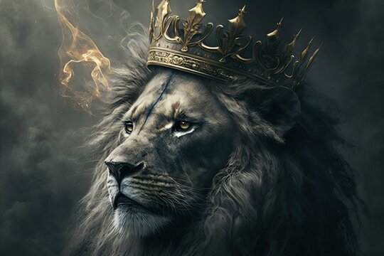Portrait of a Lion with crown on a head and black smoke. generative ai