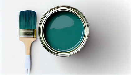 Gr&uuml;ner Farbtopf mit Pinsel isoliert auf wei&szlig;en Hintergrund mit Platzhalter. Wandfarbe zum Renovieren - Generative Ai