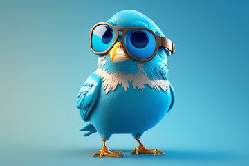 A cute blue bird with sunglasses on its head standing in front of a blue background, Generative AI