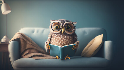 owl reading book on sofa, learning and knowladge concept, Generative ai