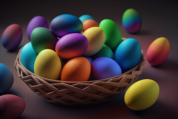 Fototapeta na wymiar A colorful basket filled with lots of colorful eggs, Generative AI