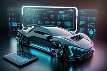 Fototapeta na wymiar Electric Vehicle with Self-Driving. Future Car Software Technology.Self-Driving Car, Autonomous Vehicle, Driverless Car, Robo-Car, 3D illustration, 3D rendering, ai 
