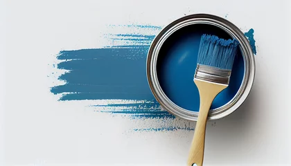 Tapeten Blauer Farbtopf mit Pinsel isoliert auf weißen Hintergrund mit Platzhalter. Wandfarbe zum Renovieren - Generative Ai © Sarah