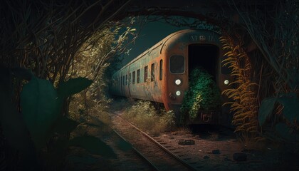 Fototapeta na wymiar Abandoned Train Lines, post apocalyptic city, dark mood, urban horror fantasy decor. Generative ai