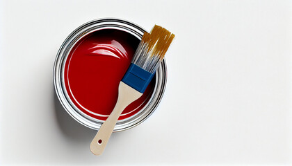 Roter Farbtopf mit Pinsel isoliert auf weißen Hintergrund mit Platzhalter. Wandfarbe zum Renovieren - Generative Ai
