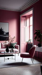 Contemporary nordic home living room with polished concrete floors, Scandinavian design, generative ai, with dark and moody pink color, stylish indoors luxury decorative house

