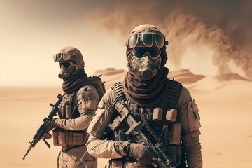 Soldiers in a dusty desert. Generative AI