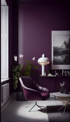 Contemporary nordic home living room with polished concrete floors, Scandinavian design, generative ai, with dark and moody purple color, stylish indoors luxury decorative house
