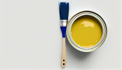 Gelber Farbtopf mit Pinsel isoliert auf weißen Hintergrund mit Platzhalter. Wandfarbe zum Renovieren - Generative Ai - obrazy, fototapety, plakaty