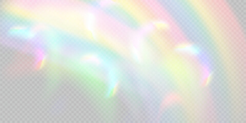 Rainbow light prism effect, transparent background. Hologram reflection, crystal flare leak shadow overlay. Vector illustration of abstract blurred iridescent light backdrop.