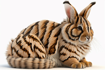 Abstract tiger rabbit hybrid animal isolated on white background. Generative AI. - obrazy, fototapety, plakaty