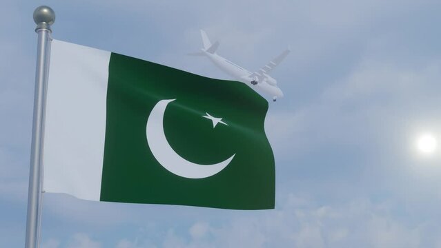 Animation Seamless Looping National Flag with Airplane  -Pakistan