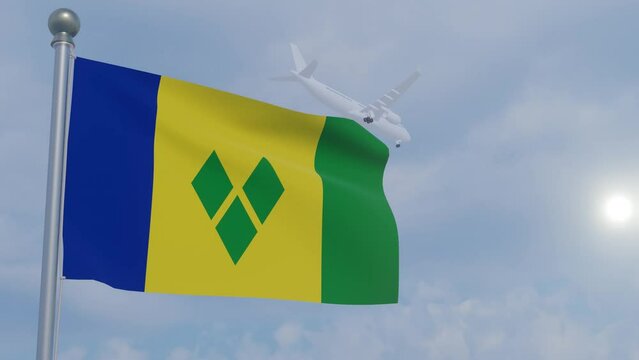 Animation Seamless Looping National Flag with Airplane  -Saint Vincent and the Grenadines