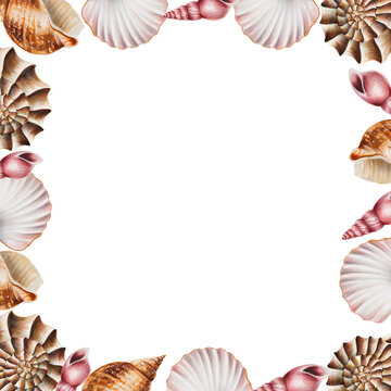 Watercolor frame with shells. Hand painting clipart underwater life objects on a white isolated background. For designers, decoration, postcards, wrapping paper, scrapbooking, covers, invitations