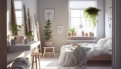 Obraz premium ナチュラル アクセント スカンジナビア リビング ルーム、ジェネレーティブ ai、ベージュ色の装飾、ファッショナブルなスタイル リラックス ホーム、快適なベッド, generative ai