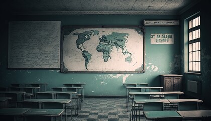 Classroom in an abandoned school with a blackboard in the background generative ai