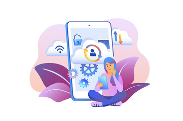 Cloud storage violet gradient concept with people scene in the flat cartoon style. Girl looks at her cloud storage settings on her phone.