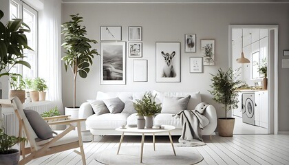 Natural Accents Scandinavian living room, generative ai, in beige color decoration, fashionable style relax home, comfortable bed