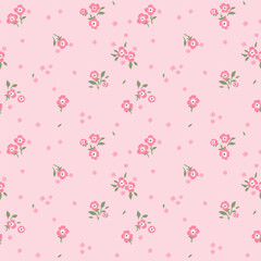 A pattern of small pink flowers and green leaves on a light pink background. Graphic print, floral illustrations, floral vector, vector floral pattern.