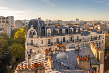 Aerial view of the roofs of Paris, France typical Haussmann building