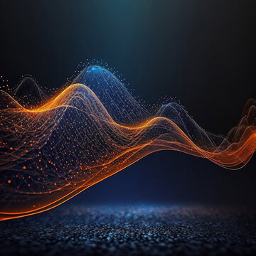 Big data visualization with mix orange and dark blue color in wave form. Ai generative and copy space.