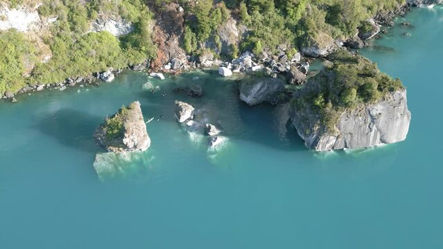 Aerial view of the picturesque Marble Caves near Puerto Rio Tranquilo - Lago General Carrera, Chile - natural look