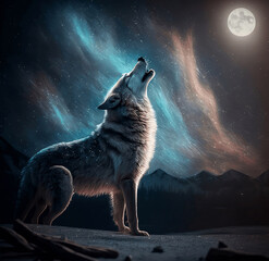 White wolf howling towards bring shining moon with dark foggy background. Ai generative.