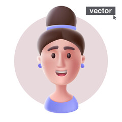 Young smiling woman avatar in circle frame. Realistic 3D style vector character illustration in cartoon style.