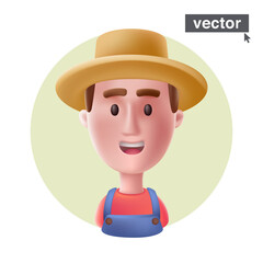 Young smiling farmer or agricultural worker's avatar. Realistic 3D style vector character illustration in cartoon style.