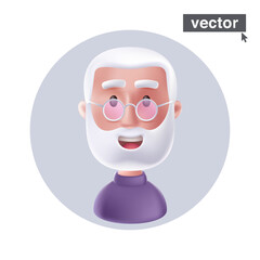 Senior man with silver hair beard and glasses avatar. Smiling elderly man. 3D style vector character illustration.