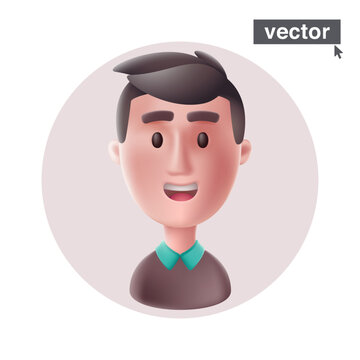 Young smiling man avatar in circle frame. Realistic 3D style vector character illustration in cartoon style.