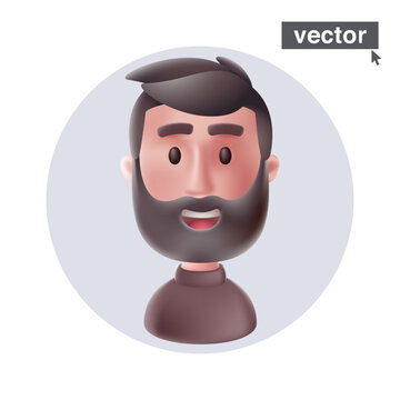 Adult smiling hipster with beard and bangs wearing turtleneck sweater avatar in circle frame