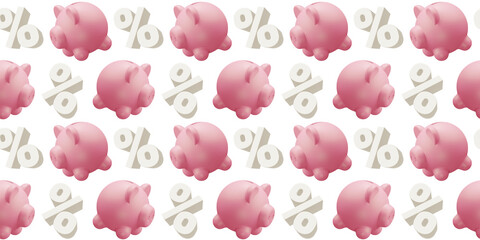 3d seamless pattern of pink piggy bank and percent sign on white color background, time to save money. 3d design