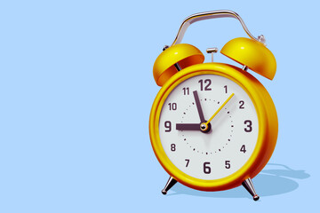 3d illustration of golden retro alarm clock with arrow on blue color background