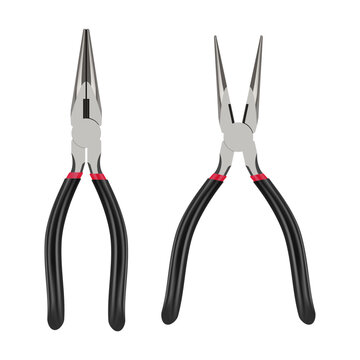Realistic long nose pliers in open and closed positions. Hand Tool vector illustration isolated on white background.