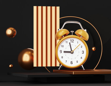 3d illustration of golden retro alarm clock with arrow on black color background with shine golden abstract element. 3d style design