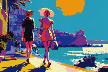 Valentine's lovers couple strolling along the coastline on a summer evening, Fauvism style, travel concept