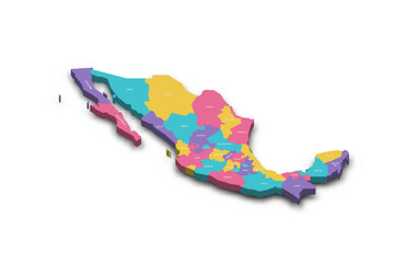 Mexico political map of administrative divisions - states and Mexico City. Colorful 3D vector map with dropped shadow and country name labels.