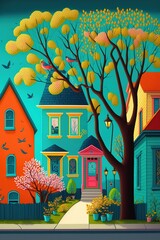 a colorful illustration of a blooming neighborhood in spring with many flowers