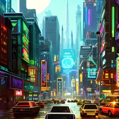 colorful Nighttime cyberpunk city illustration. A night of the neon street at the downtown wallpaper.