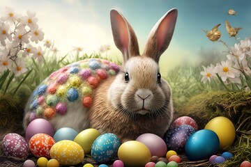 colorful Cute easter bunny with easter eggs