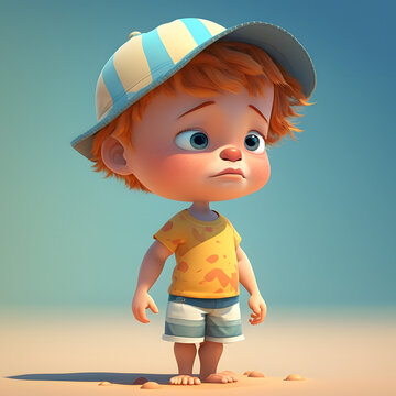 Cute cartoon  little child beach boy character 3d