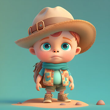 Cute Cartoon Character Little Boy Adventurer 3d