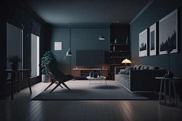 Modern room with couch and tv, furniture, interior design, office, dark walls, elegant, ai generated, 3d rendering, dim lighting, chair
